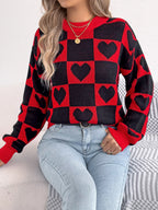 Sarah Express Women's Heart Checkerboard Pattern Round Neck Sweater