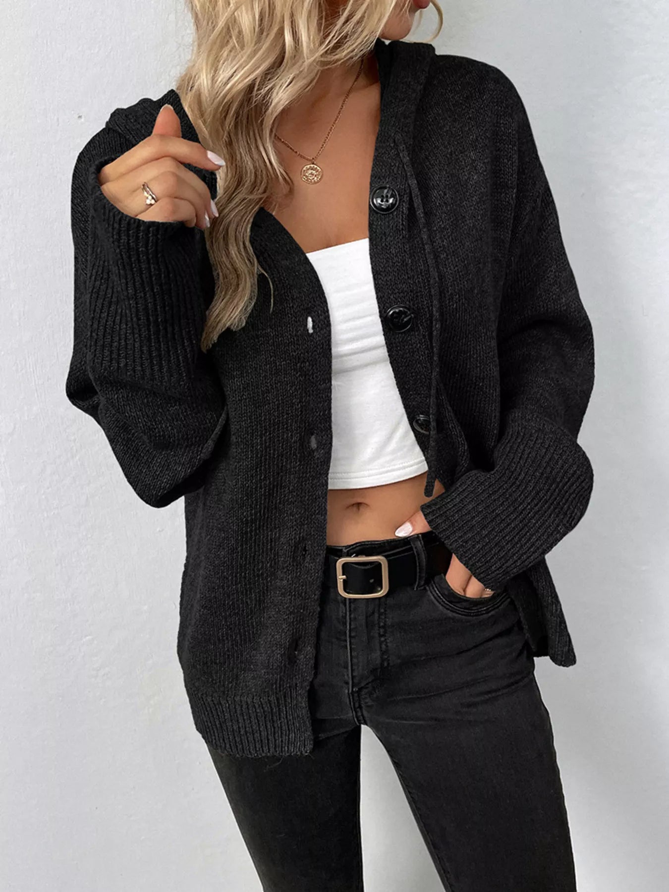 Sarah Express Women's Cozy Knit Hooded Button-Down Cardigan