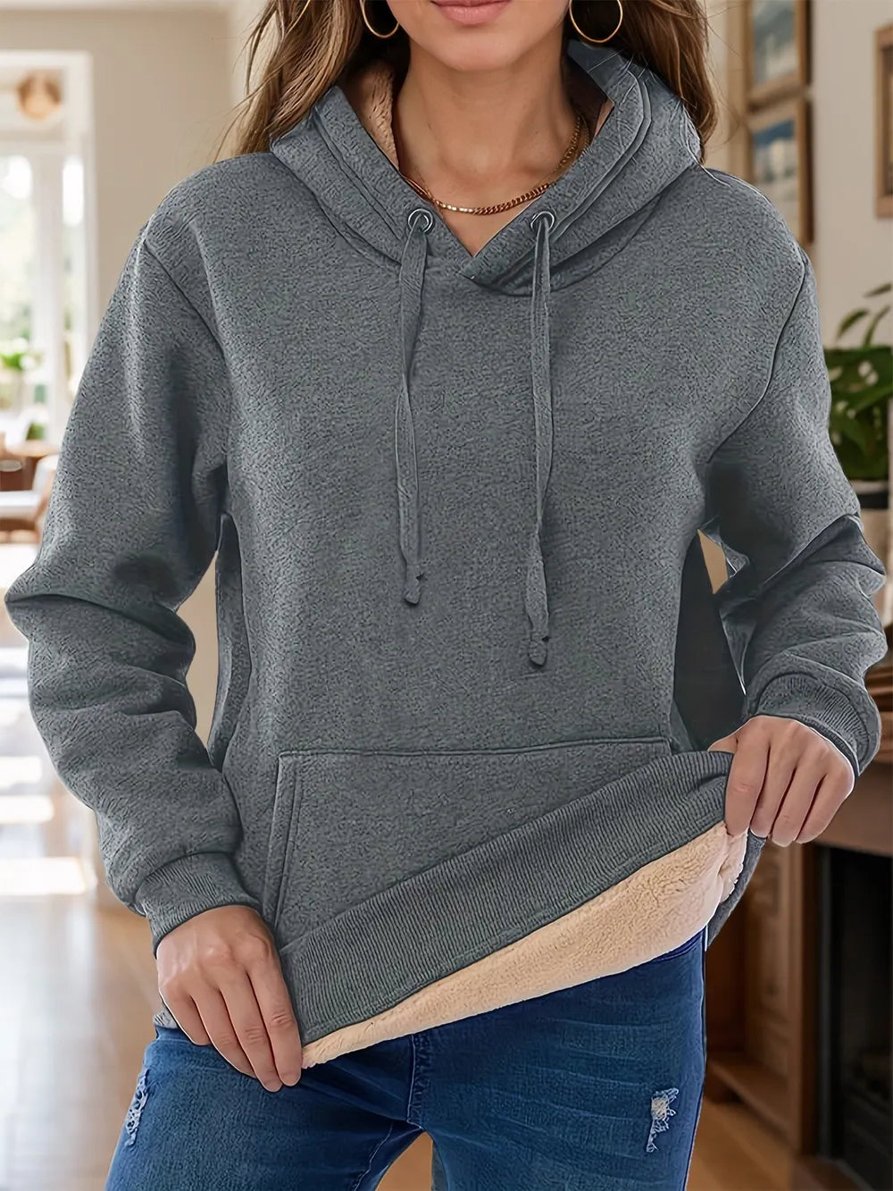 Sarah Express Women's Drawstring Long Sleeve Hoodie with Kangaroo Pocket Dark Gray