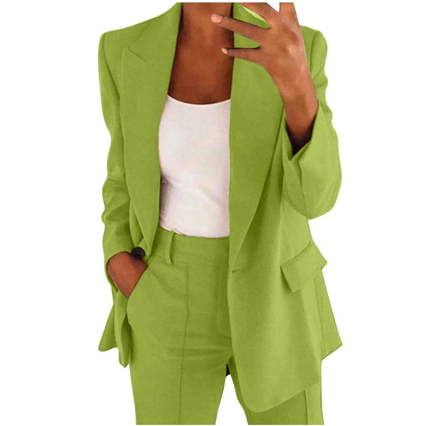 Sarah Express Women's Two Piece Blazer Suit Set - Lapel Button Down Jacket & Straight Leg Pants Light Green