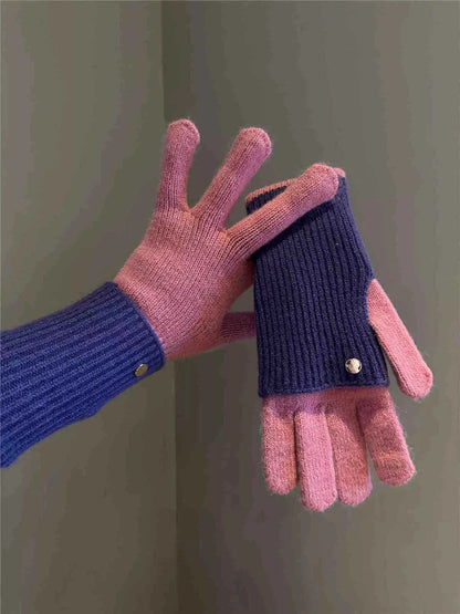 Sarah Express Women's Two-Tone Knitted Gloves - Warm Winter Gloves Pink Purple ONESIZE