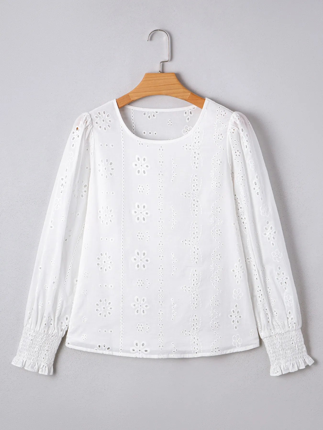 Sarah Express Women's Eyelet Long Sleeve Blouse with Elastic Cuffs