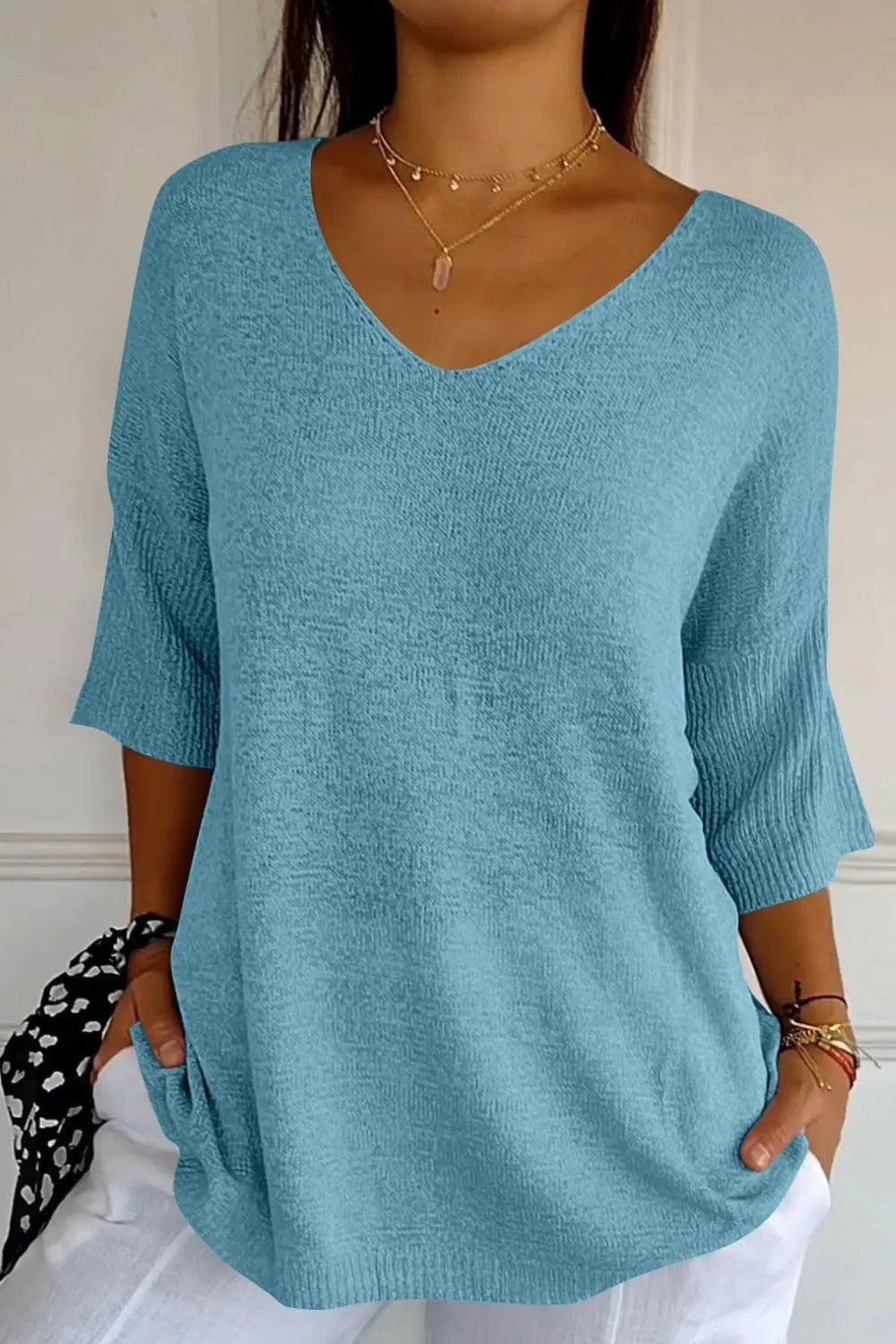 Sarah Express Women's V-Neck Three-Quarter Sleeve Knit Top Pastel Blue One Size