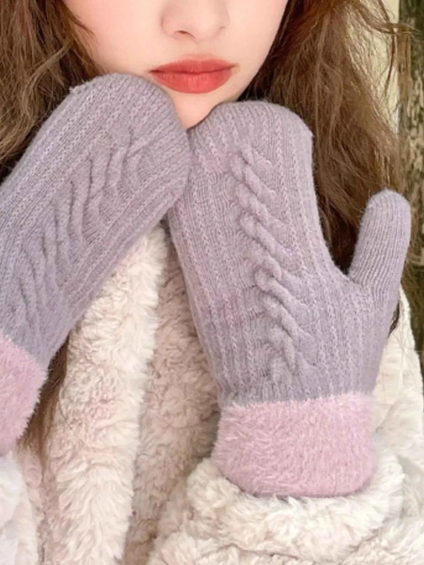 Sarah Express Women's Cozy Knit Mittens with Fur Cuff - Winter Gloves