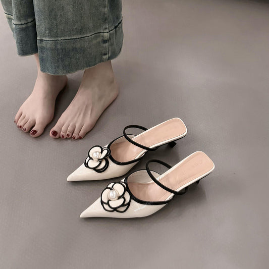 Sarah Express Chanel-Style Pointed Toe High Heel Mules for Women - Elegant French Office Heels