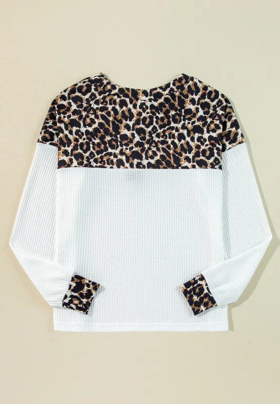 Sarah Express Women's Waffle-Knit Leopard V-Neck Long Sleeve Blouse