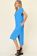 Sarah Express Women’s Plus Size Round Neck Short Sleeve Slit Dress
