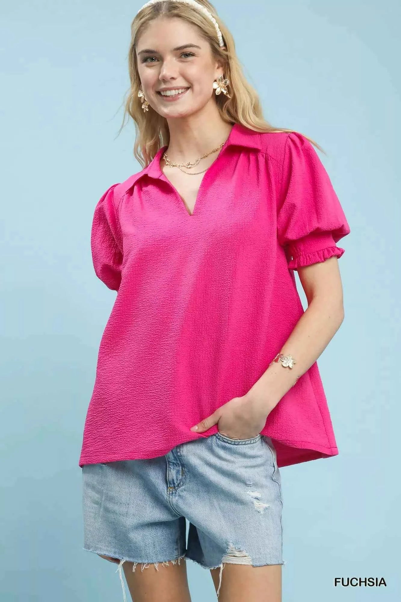 Sarah Express Women's Seersucker Puff Sleeve Blouse - Textured Split V-Neck Top FUCHSIA