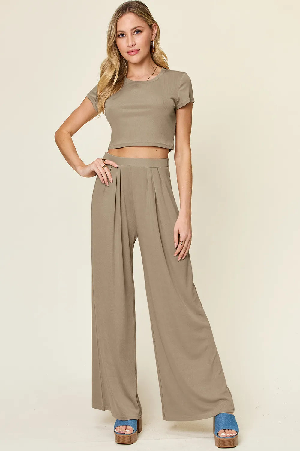 Sarah Express Women's Round Neck Top and Pants Lounge Set - Two Piece Outfit Mocha