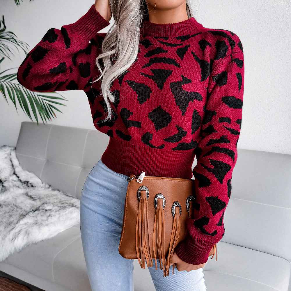 Sarah Express Women's Leopard Print Cropped Sweater - Cinched Knit Long Sleeve Top
