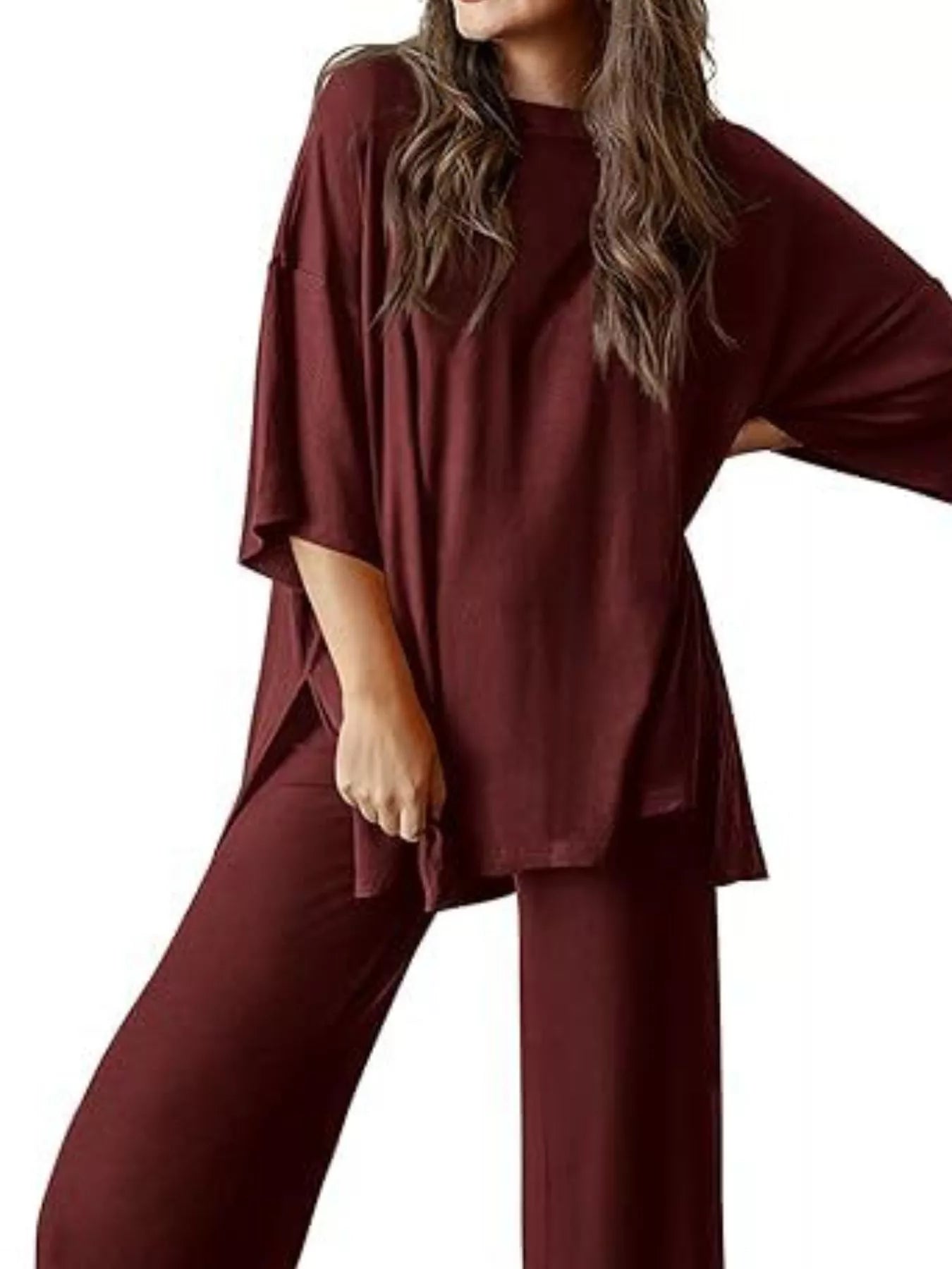 Sarah Express Relaxed Fit Round Neck Top and Pants Two-Piece Lounge Set