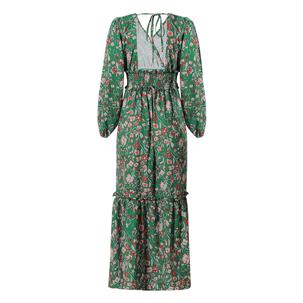 Sarah Express Printed V-Neck Lantern Sleeve Maxi Dress