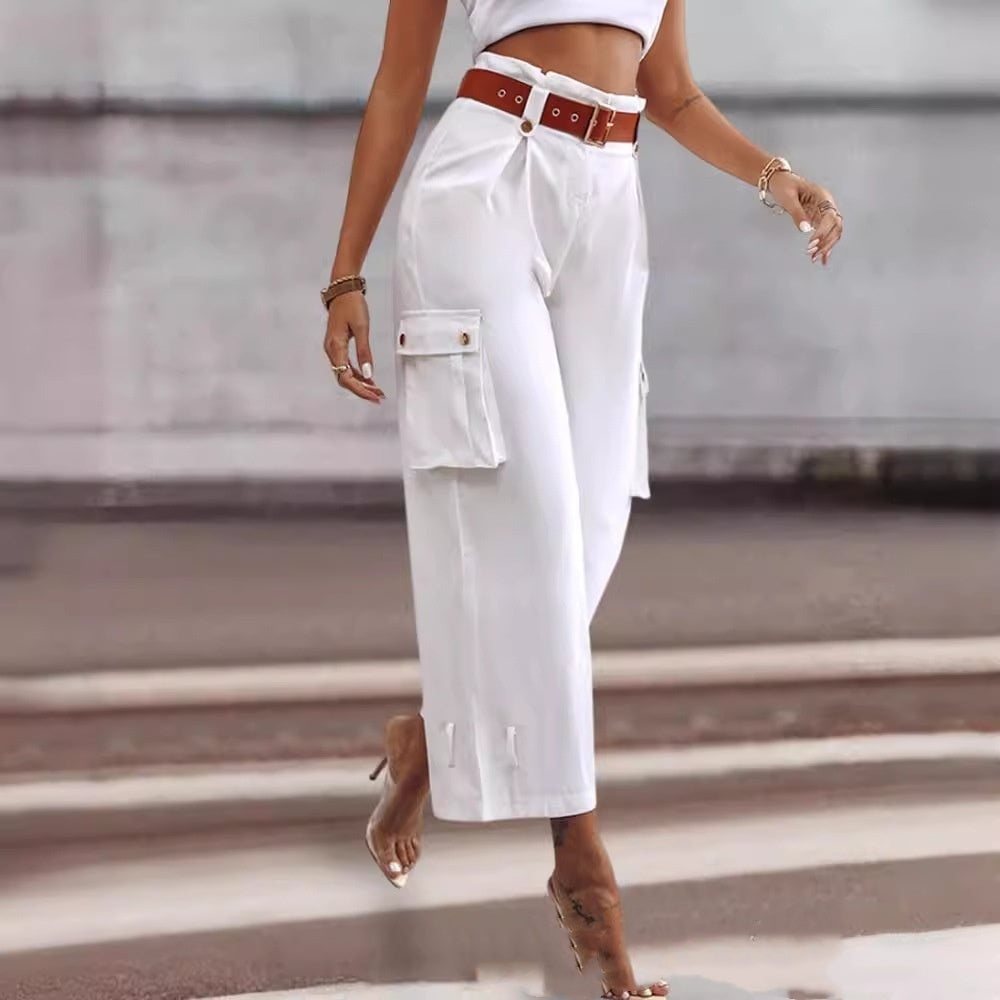 Sarah Express Wide Leg Trousers High Waist Contrast Belt Professional Pants