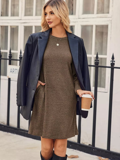 Sarah Express Women's Ribbed Knit Puff Sleeve Mini Dress Khaki