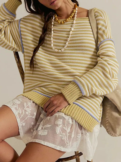 Sarah Express Women's Striped Knit Round Neck Sweater Yellow