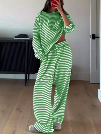 Sarah Express Women's Striped Long Sleeve Top and Pants Lounge Set Green
