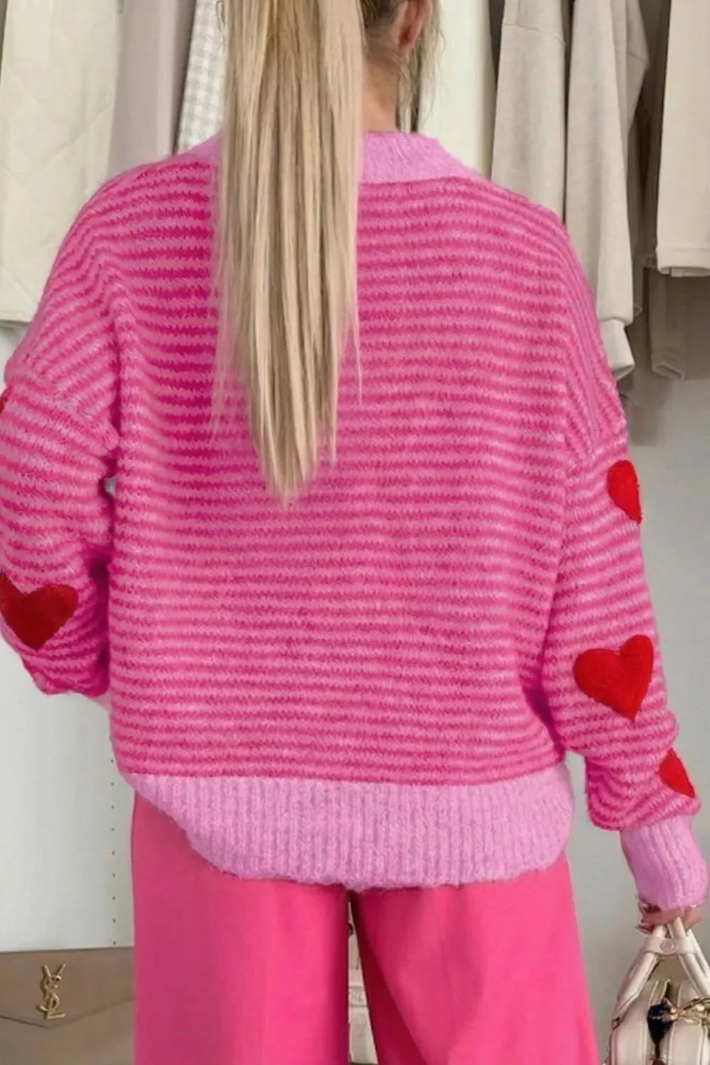 Sarah Express Women's Stripe Heart Pattern Knit Sweater - Valentine's Day Pullover