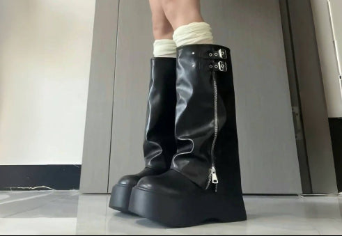 Sarah Express Women's Vintage High-Rise Chunky Heel Boots | Side Zipper | Waterproof Rubber Sole