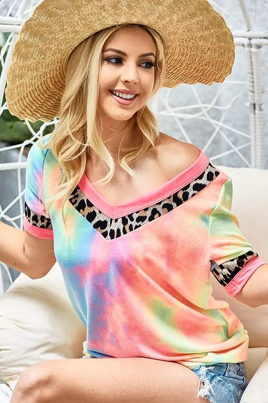 Sarah Express Women’s Rainbow Tie-Dye T-Shirt with Leopard Trim V-Neck