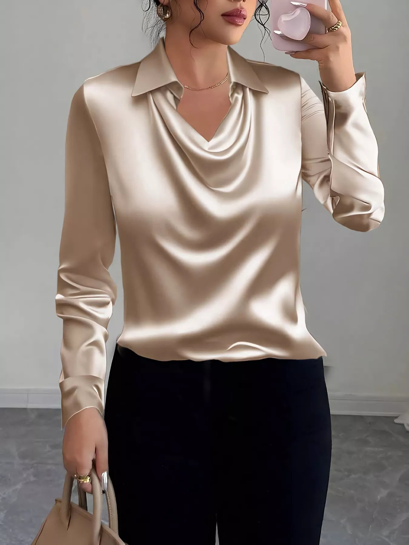 Sarah Express Women's Satin Collared Neck Long Sleeve Blouse Tan