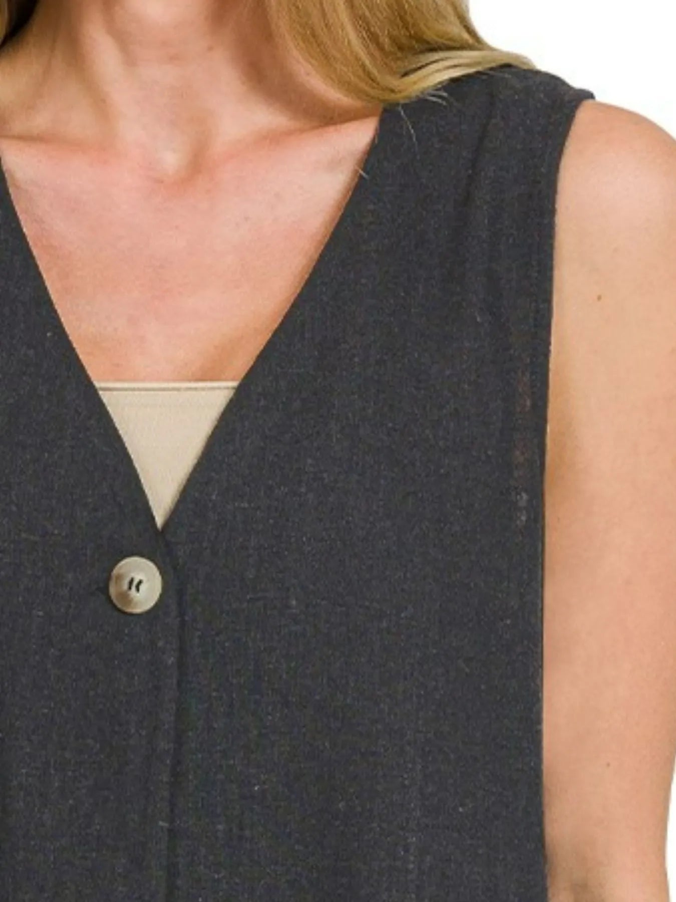 Sarah Express Women's Button-Front Vest - Linen Rayon Blend Side Slit for Casual & Work