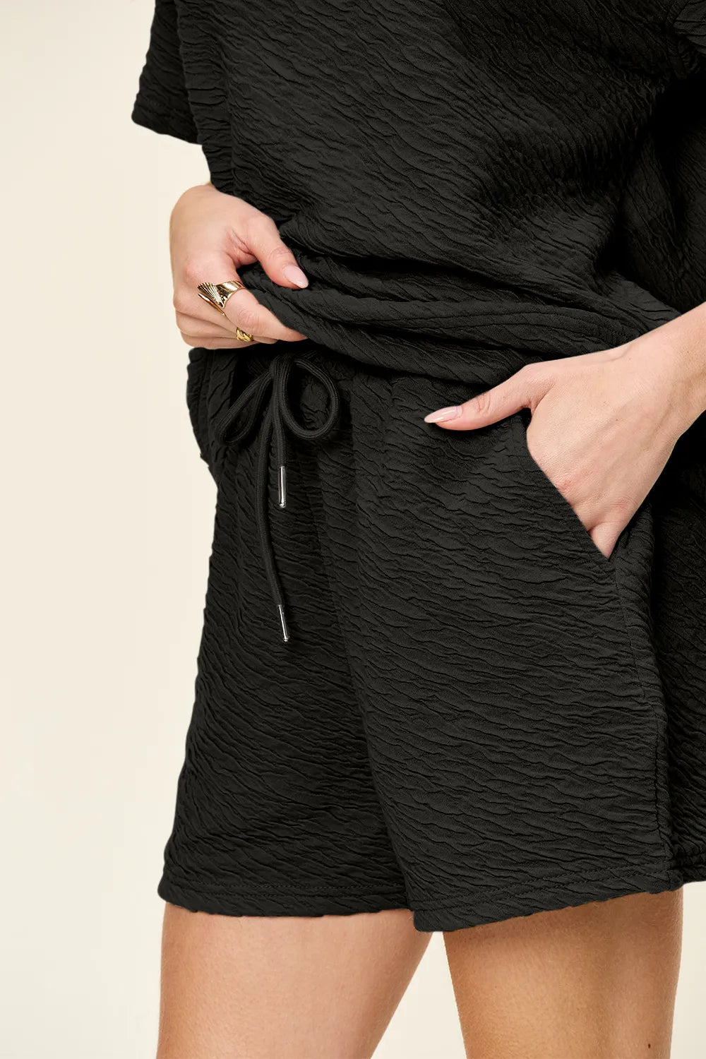 Sarah Express Women's Textured Short Sleeve T-Shirt and Drawstring Shorts Set