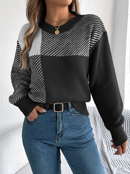 Sarah Express Women's Color Block Plaid Pullover Sweater - Long Sleeve Casual Knitwear Black