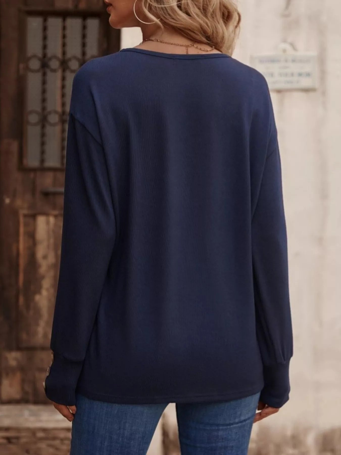 Sarah Express Women's V-Neck Long Sleeve T-Shirt - Button Detail Casual Top