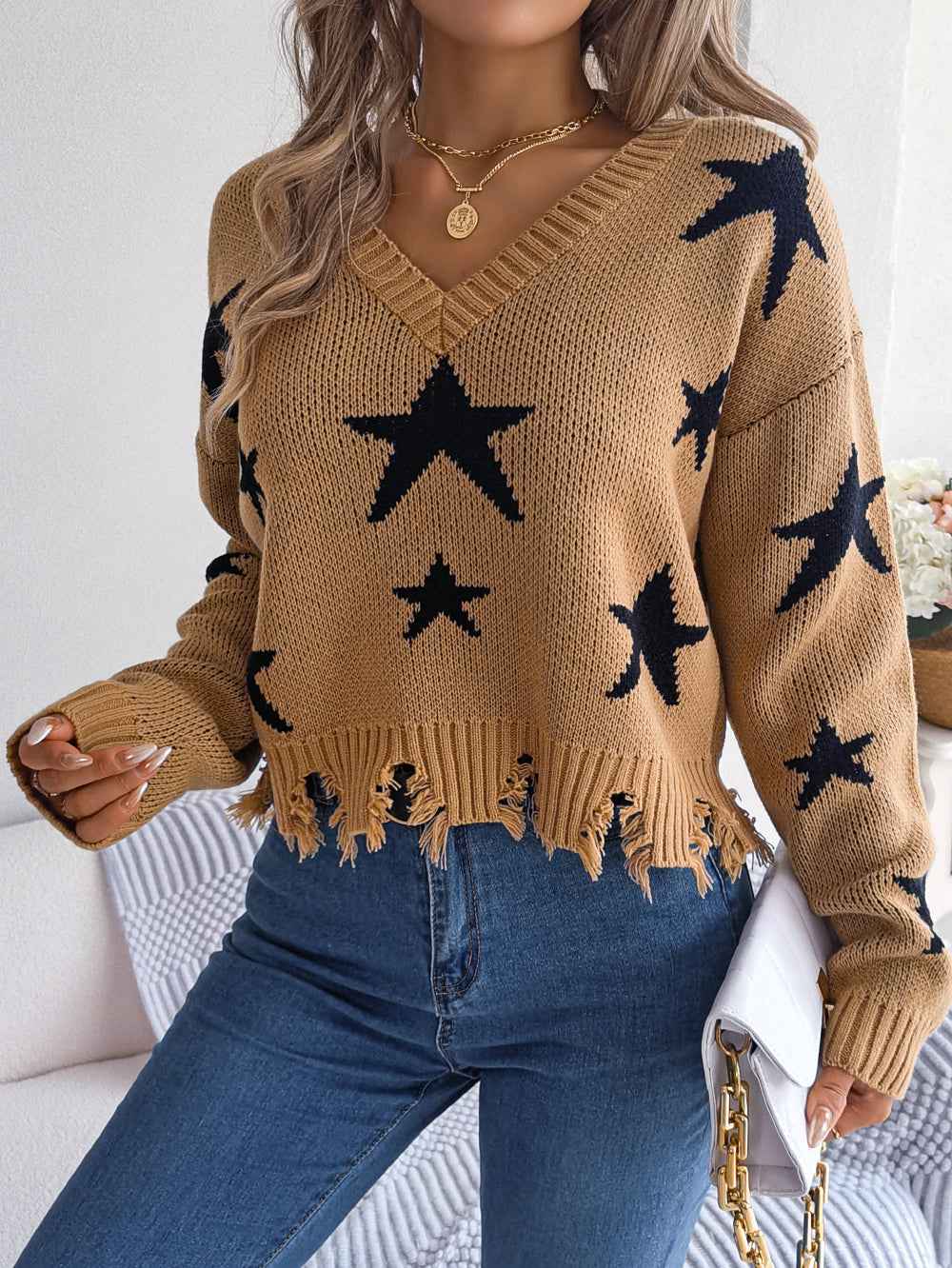 Sarah Express Women's Star Distressed V-Neck Knit Sweater - Long Sleeve Casual Pullover