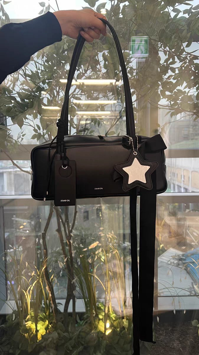 Sarah Express French Baguette Style PU Leather Underarm Tote Bag for Women - Elegant Horizontal Handbag with Lace Detail Black Plus Accessories 13x31.5x8.5