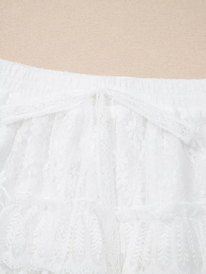 Sarah Express Women's Lace Ruffle Tiered Drawstring Elastic Waist Shorts