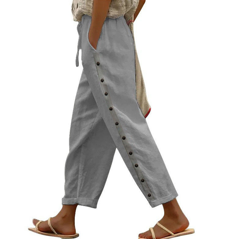 Sarah Express Women's Cotton Linen Cropped Pants Elastic Waist Loose Fit