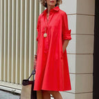 Sarah Express Women's Polo Collar Shirt Dress Long Sleeve Mid Length Cotton Blend Casual