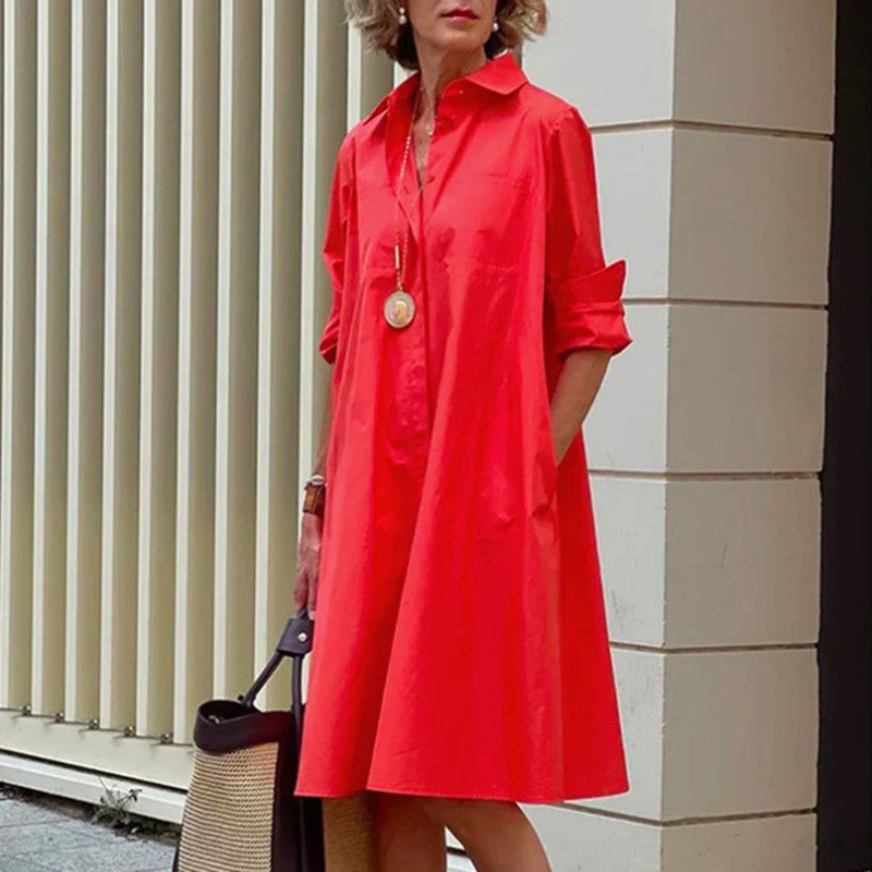 Sarah Express Women's Polo Collar Shirt Dress Long Sleeve Mid Length Cotton Blend Casual