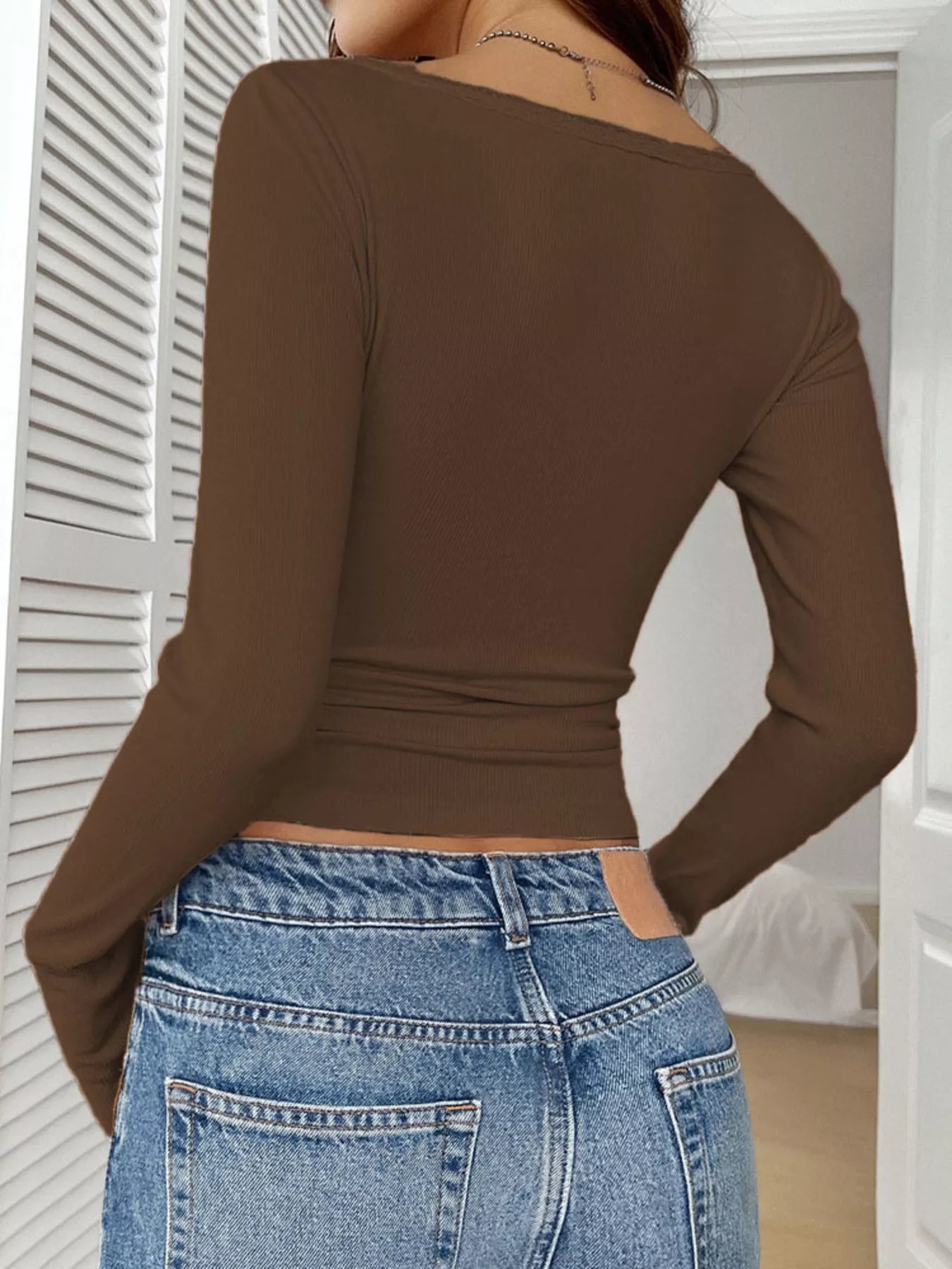 Sarah Express Women's Ribbed Knit Lace Trim Long Sleeve T-Shirt - Buttoned Casual Top