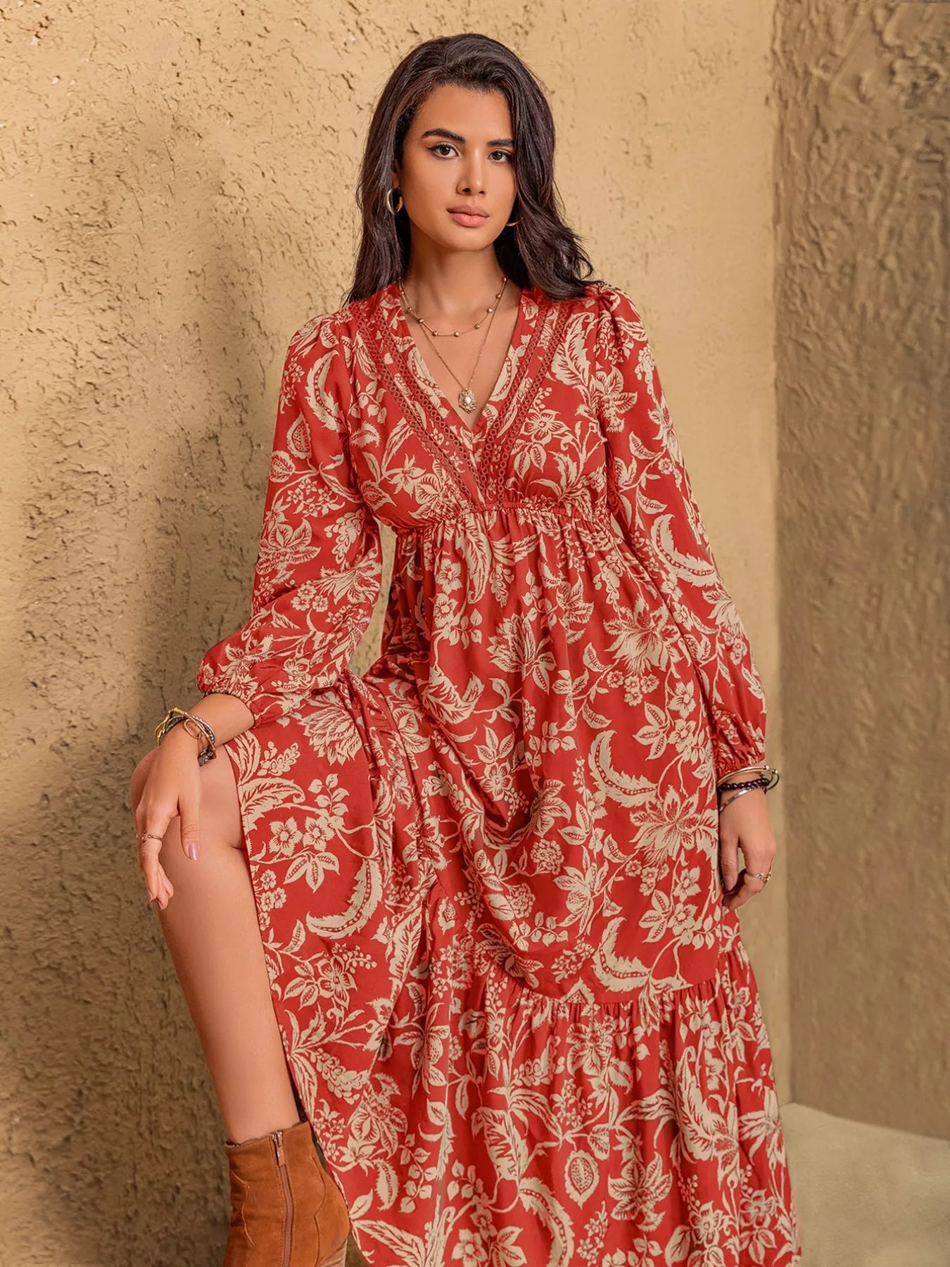 Sarah Express Women's Boho Floral Print Long Sleeve Midi Dress