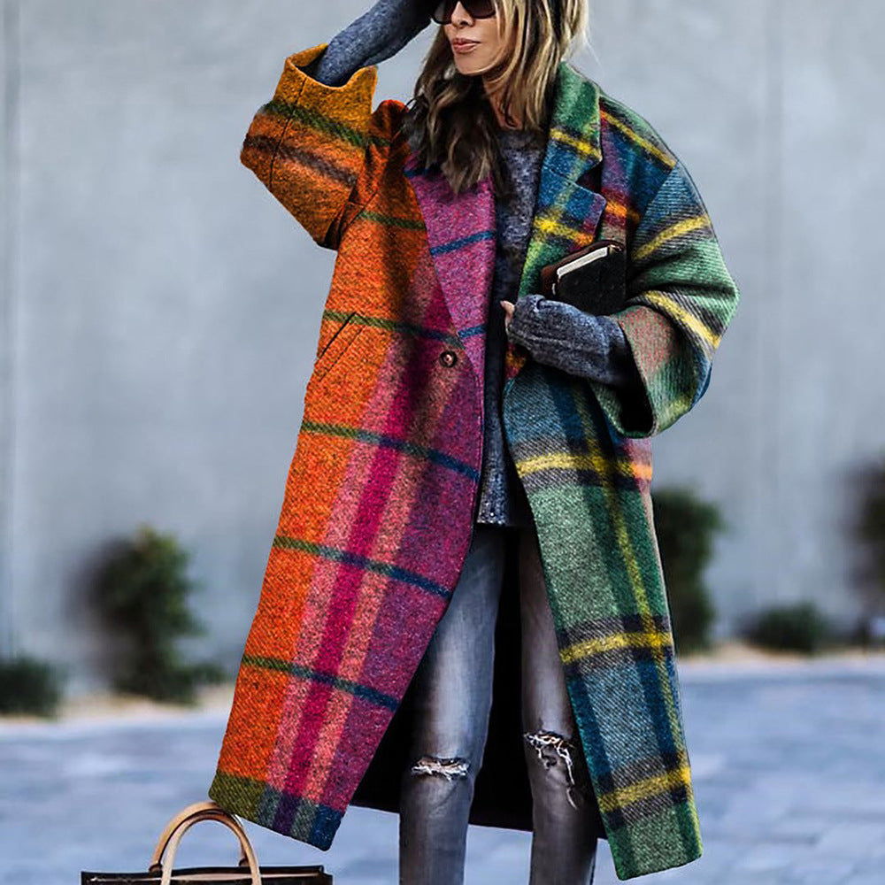 Sarah Express Women's Plaid Print Long Sleeve Coat Loose Fit Outerwear