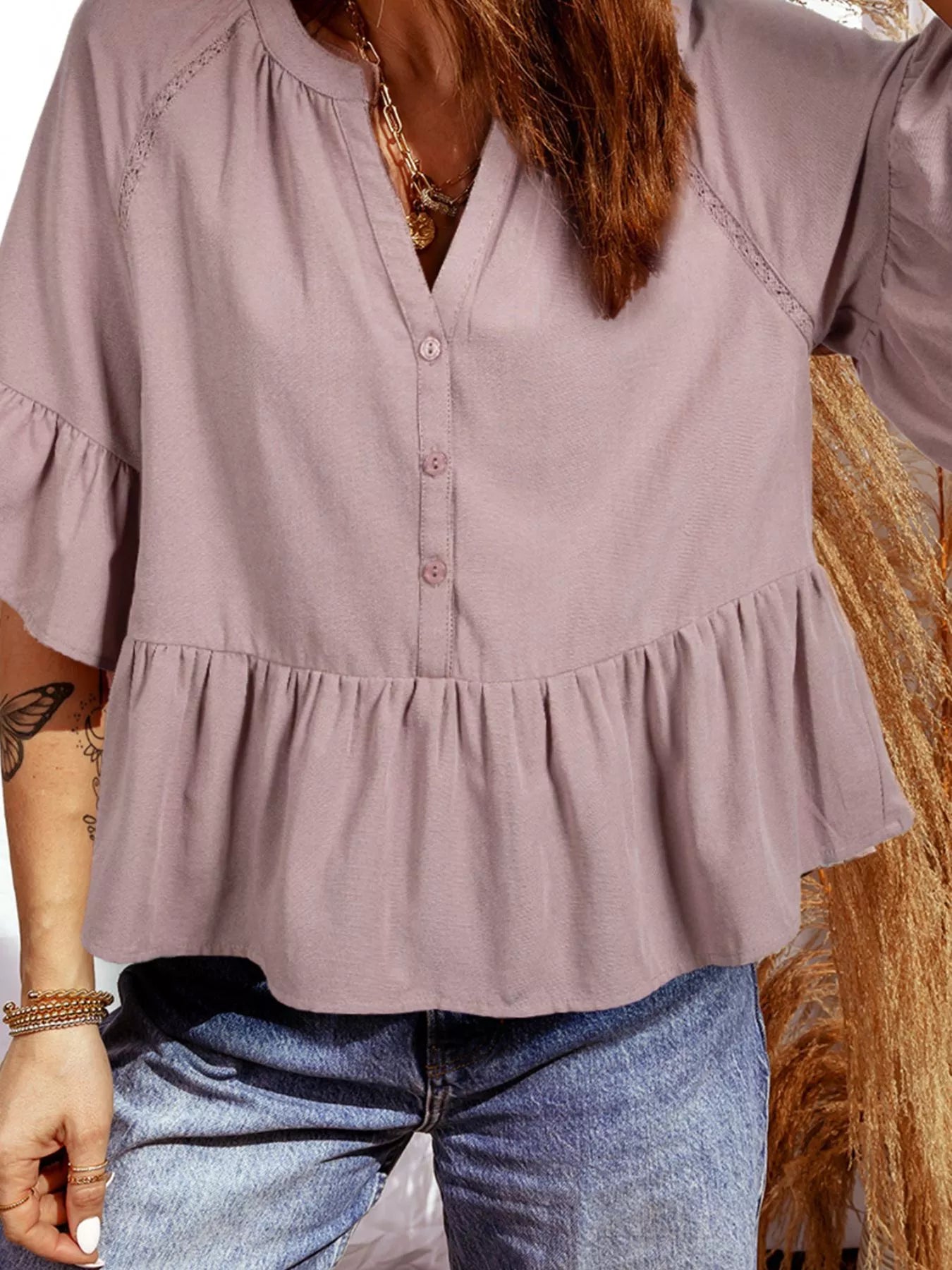 Sarah Express Women's Notched Collar Ruffled Button-Up Blouse - Loose Fit Cotton Blend Top