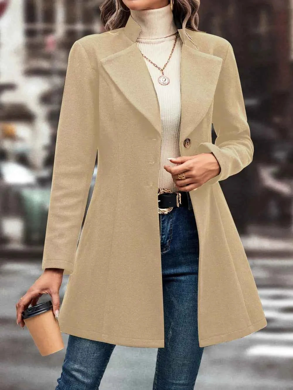 Sarah Express Women's Button Up Longline Coat - Double Breasted Trench Coat Khaki