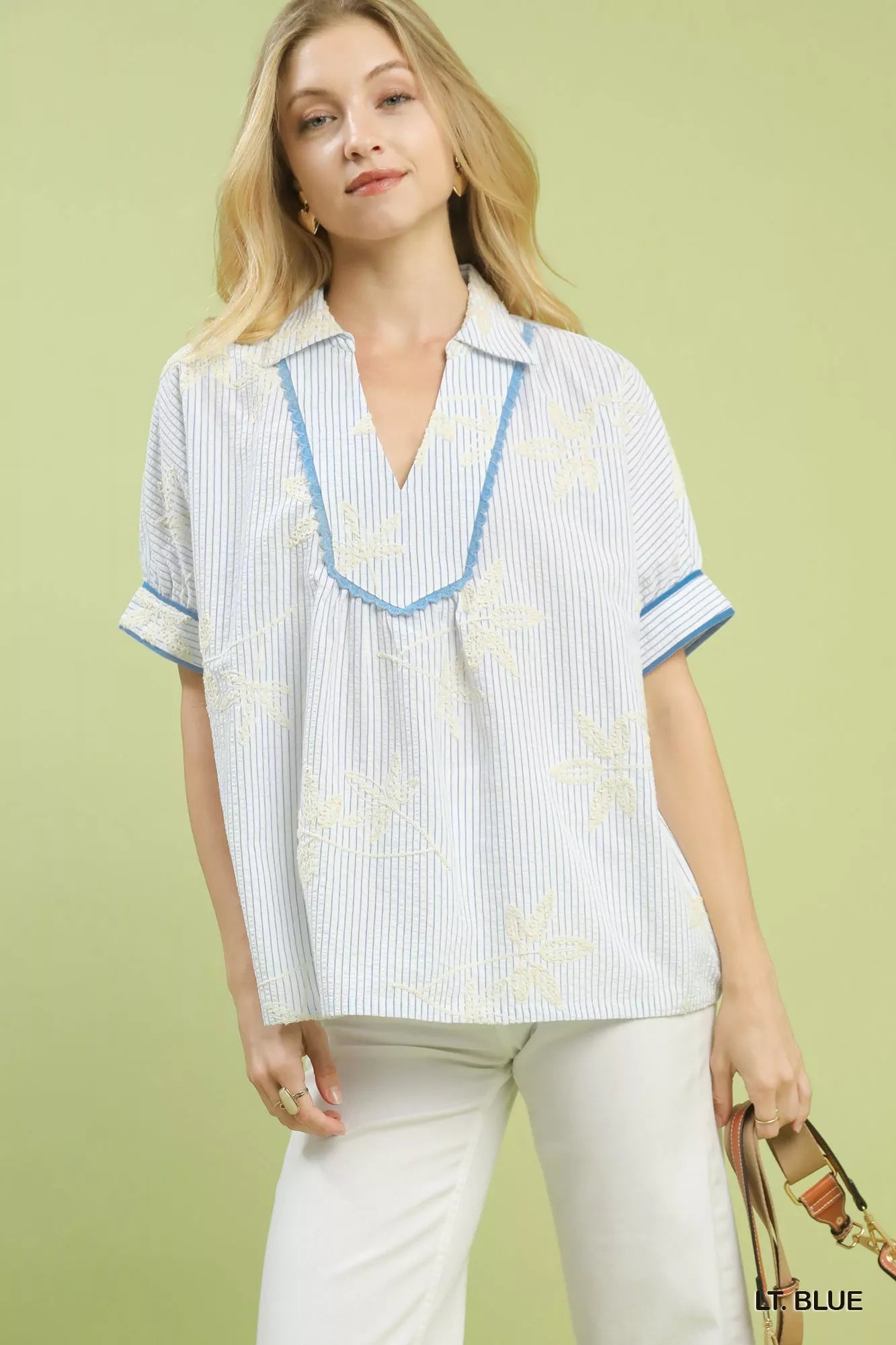 Sarah Express Women's Striped Embroidered Blouse with Scallop Trim LT. BLUE