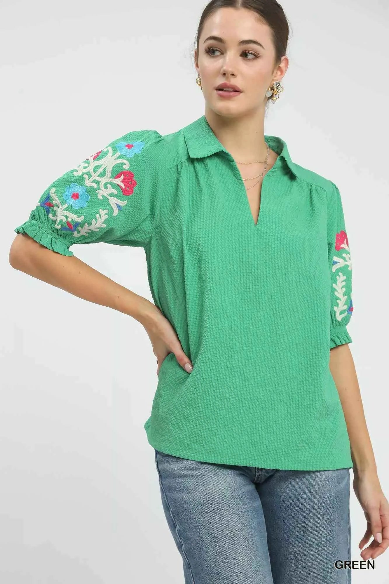 Sarah Express Women's Seersucker Embroidered Sleeve Blouse - Lightweight Summer Top GREEN
