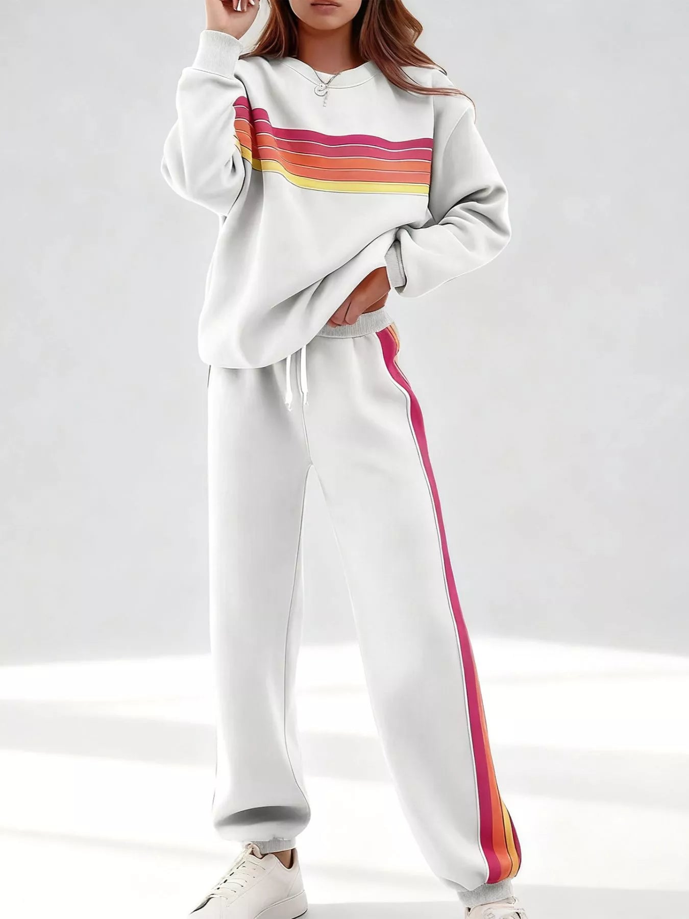 Sarah Express Women's Striped Round Neck Sweatshirt and Pants Lounge Set White