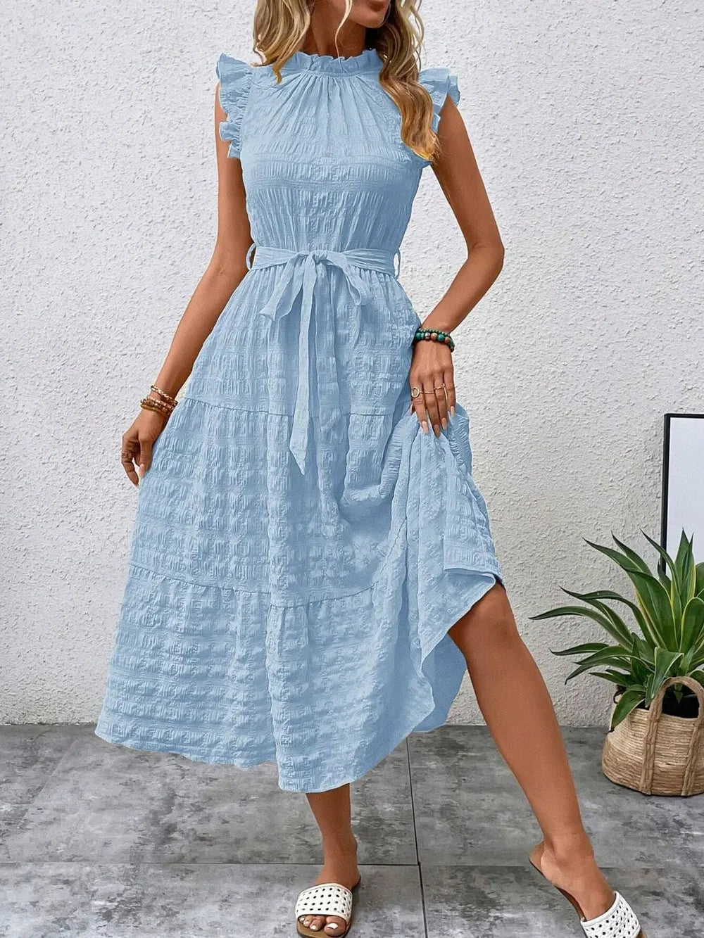 Sarah Express Women's Tied Ruffled Cap Sleeve Midi Dress Mint Blue