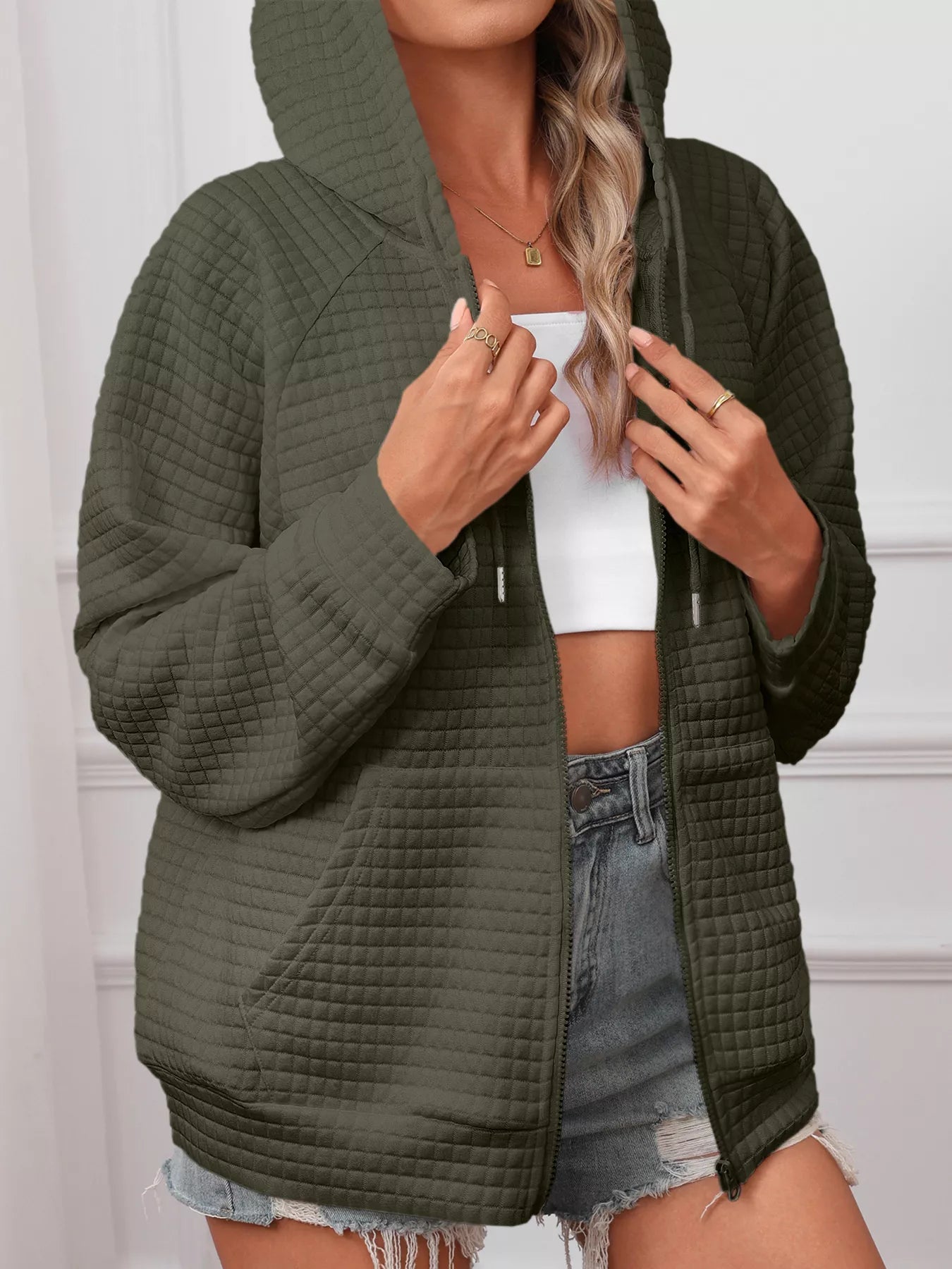 Sarah Express Women's Textured Quilted Zip-Up Hooded Jacket - Plus Size Lightweight Outerwear