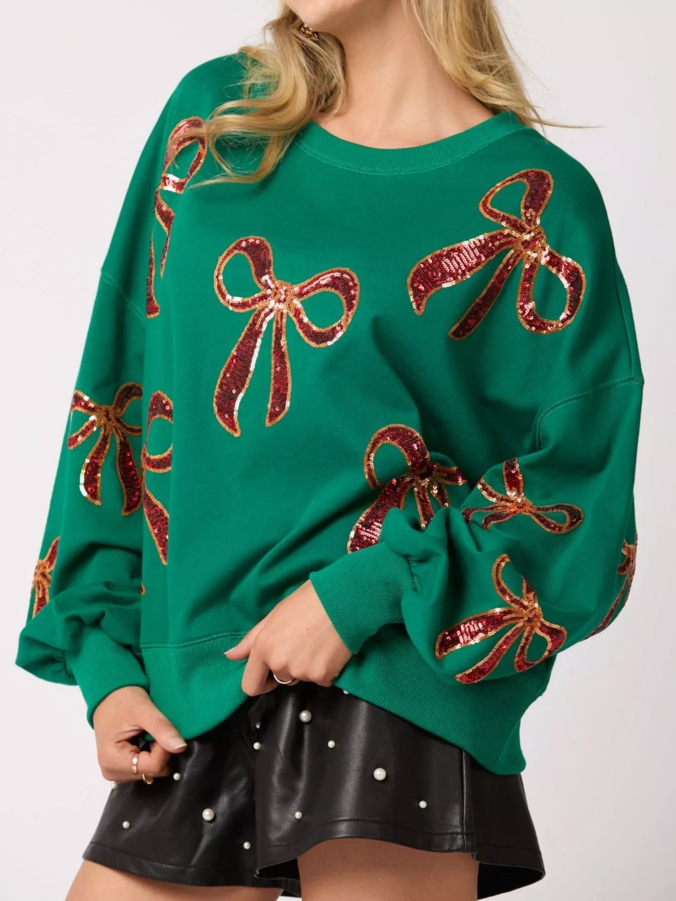 Sarah Express Women's Christmas Sequin Bow Round Neck Sweatshirt