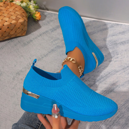 Sarah Express Women's Flyknit Mesh Breathable Wedge Sneakers | Slip-On Platform Casual Shoes Blue