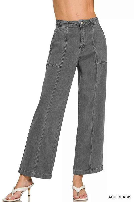 Sarah Express Women's Straight Leg Utility Pocket Jeans - High Waist Denim Pants ASH BLACK