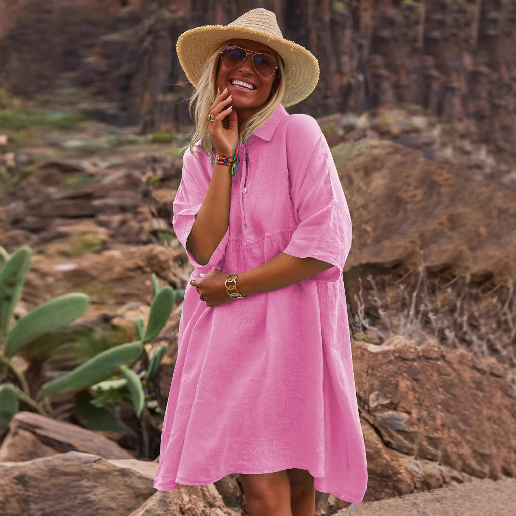 Women's Artistic Button Midi Dress Short Sleeve