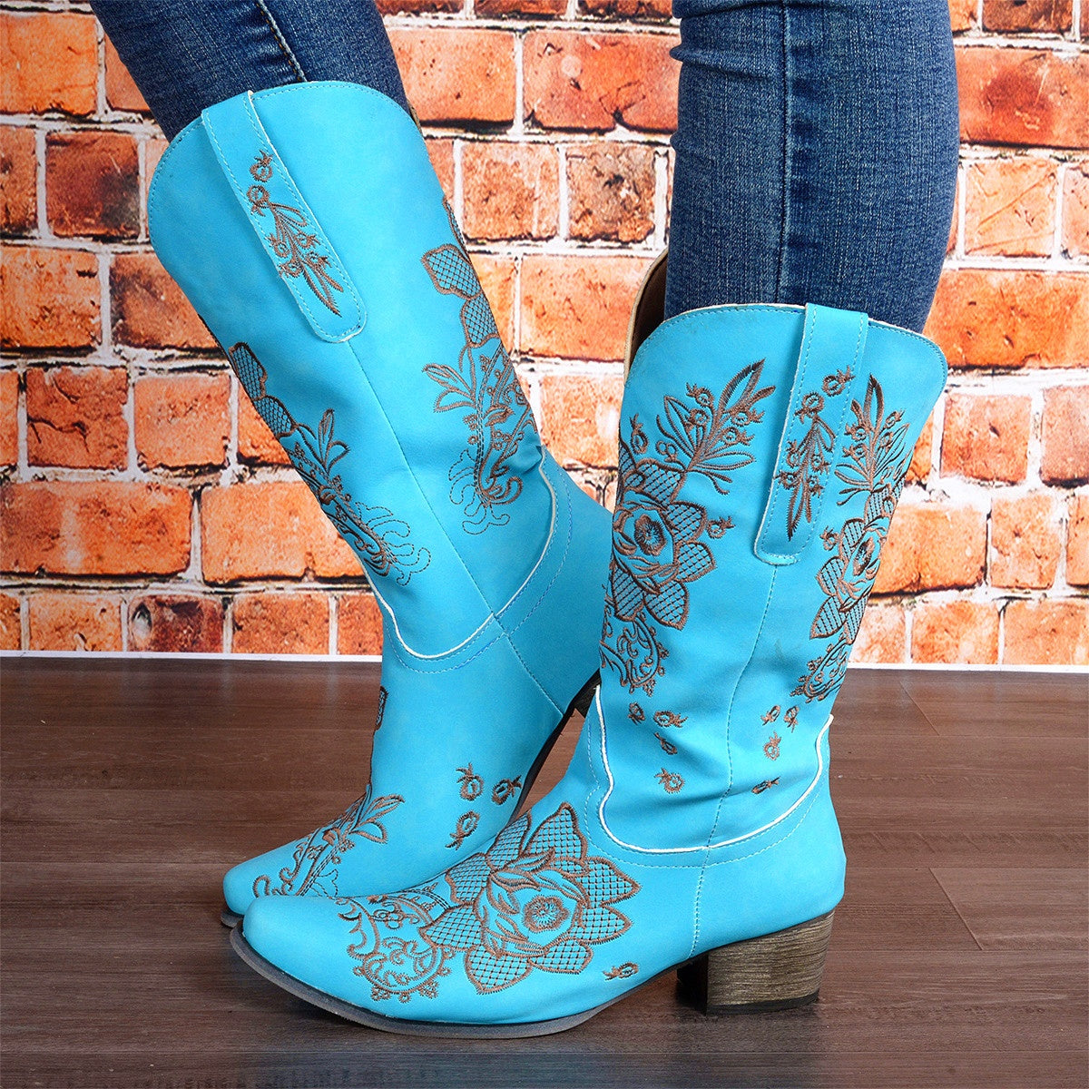 Sarah Express Women's Embroidered Ethnic Mid-Calf Boots - Comfortable Chunky Heel Square Toe