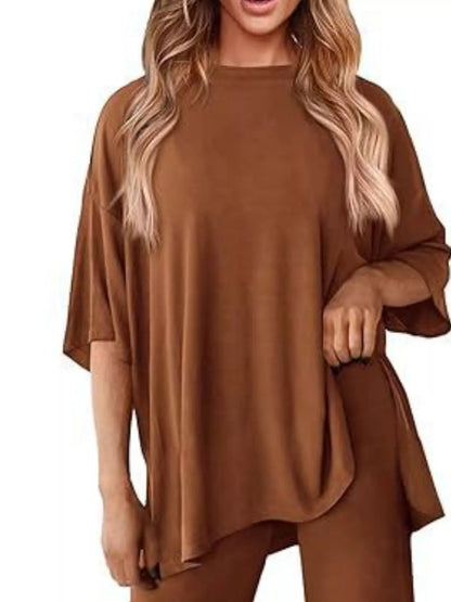 Sarah Express Women's Two Piece Slit Round Neck Top and Pants Set - Casual Loungewear Outfit